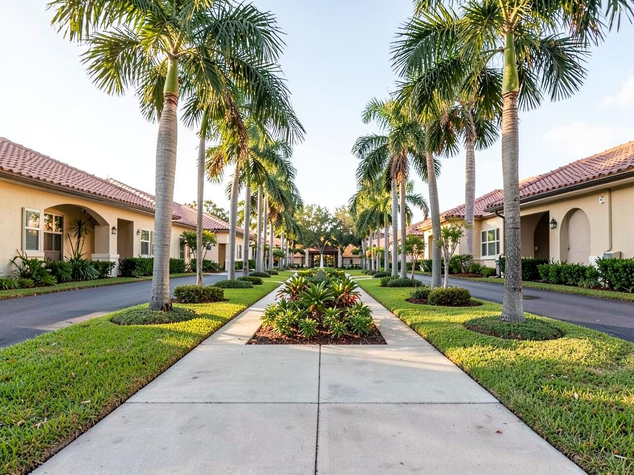 Palm-lined walkway through a Florida residential community